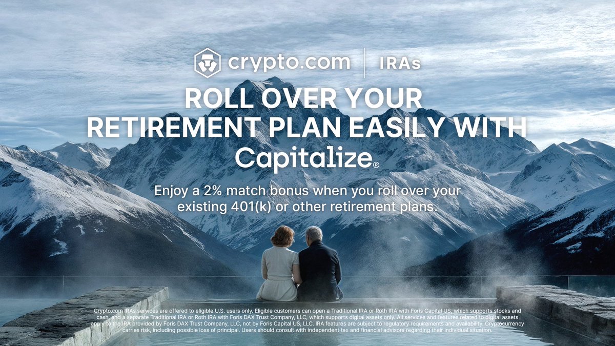 cryptocom's tweet photo. With our new Capitalize integration, moving your retirement funds is fast, secure, and entirely digital.

✨ Rollover in a few clicks
🛰️ Live progress updates

Explore how to get an exclusive 2% match on 401(k) and IRA rollovers now 👉 https://t.co/SLoUYUmQyz https://t.co/N6jMutzko3