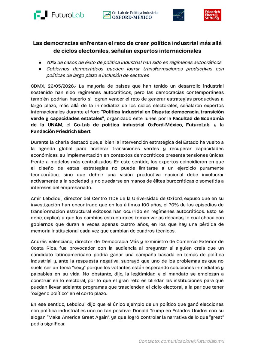 FuturoLabMX's tweet photo. 🗞️COMUNICADO | Las democracias enfrentan el reto de crear política industrial más allá de ciclos electorales, señalan expertos internacionales

🚩70% de casos de éxito han sido en regímenes autocráticos; ¿cómo pueden lograrlo gobiernos democráticos?

👉 https://t.co/lwMPe3YVdy https://t.co/Rx28t3aqvI