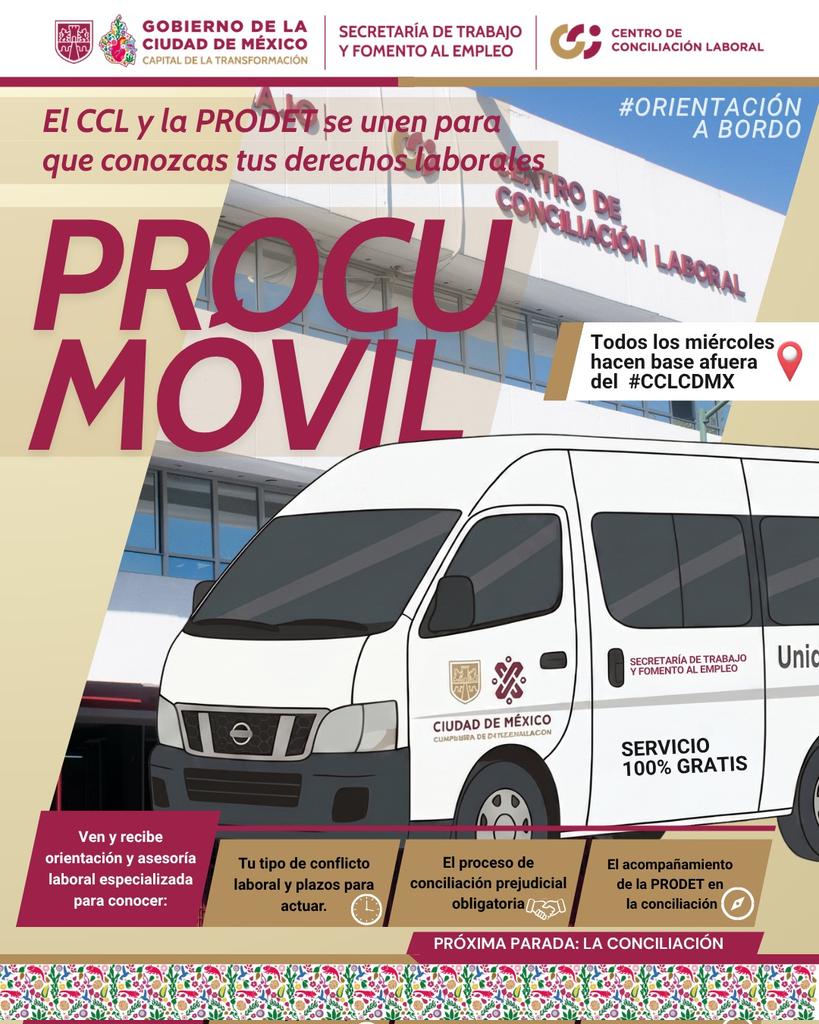 CCLCDMX's tweet photo. 🚌💨 ¡La ruta de tus derechos laborales hace parada en la CDMX!

Cada miércoles, el Procumóvil te brinda asesoría gratuita, atención especializada y acompañamiento seguro.

¿Tienes dudas sobre tu empleo, finiquito o contrato? ¡Acércate y recibe orientación con certeza jurídica! https://t.co/33ArZGeSOS