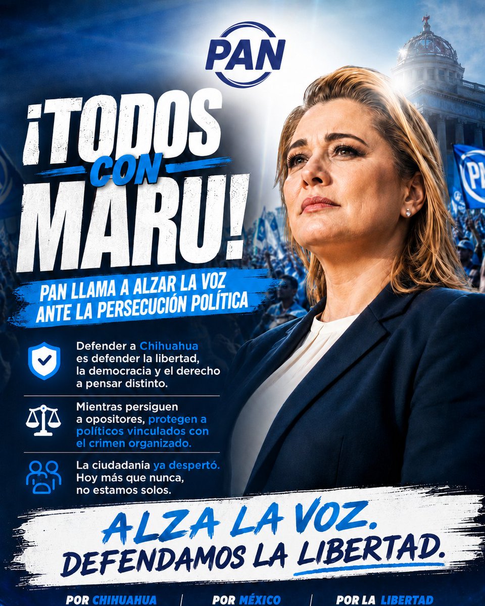 pansinaloa's tweet photo. Cuando el poder persigue a quienes piensan distinto, la ciudadanía debe alzar la voz.

Hoy estamos con Maru Campos, con Chihuahua y con todos los gobiernos que enfrentan al crimen y defienden la libertad.

Alza la voz. Defendamos la libertad.

#TodosConMaru #PAN https://t.co/6s1RHZ0p35