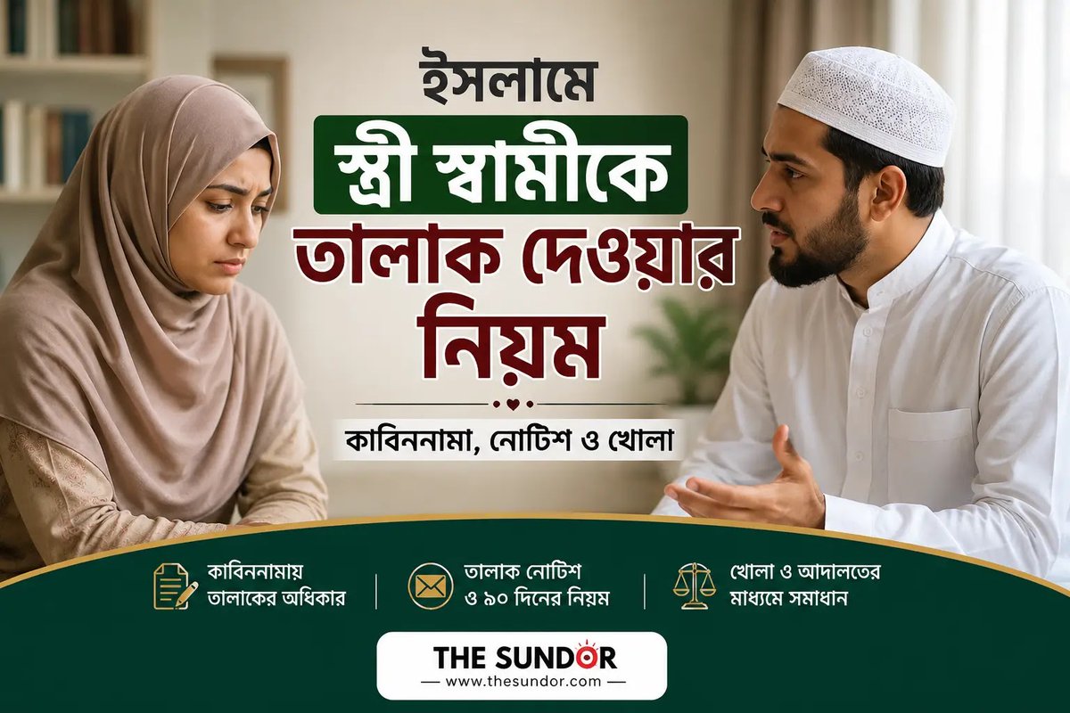 thesundor's tweet photo. ইসলামে স্ত্রী স্বামীকে তালাক দেওয়ার নিয়ম: কাবিননামা, নোটিশ ও খোলা
 স্ত্রী কি স্বামীকে তালাক দিতে পারেন? কাবিননামার ১৮ নম্বর ঘরের ক্ষমতা এবং 'খোলা তালাক' এর সঠিক নিয়ম ও শর্তাবলী নিয়ে বিস্তারিত আলোচনা। ✨
👇 সম্পূর্ণ গাইডলাইনটি পড়তে নিচে�� কমেন্টের (Reply) লিঙ্কে যান
#TheSundor https://t.co/NK7bXcJSsI