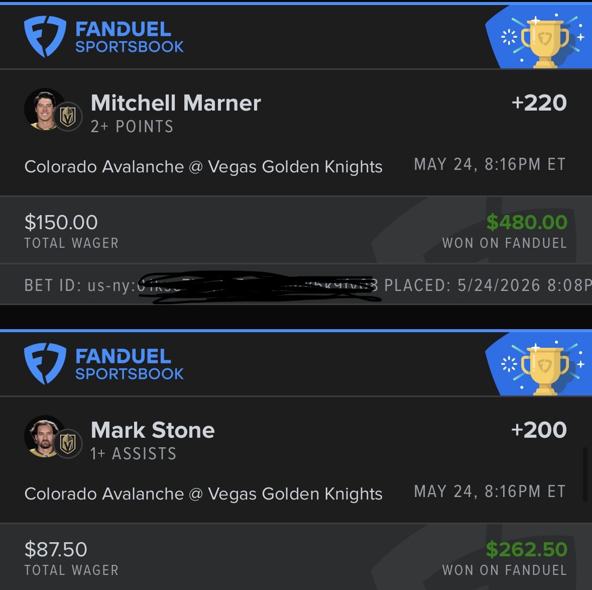 BatBetsEV's tweet photo. Hockey and homers have been good to us! Let’s keep rolling!

#parlay #fanduel https://t.co/tpWAZpSodU
