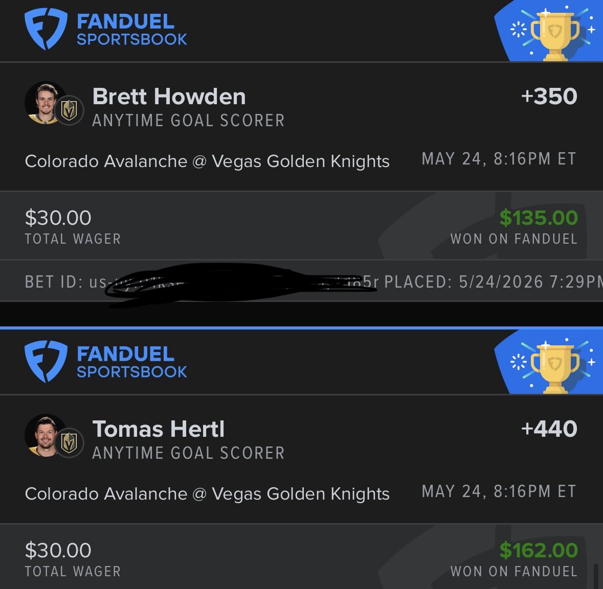 BatBetsEV's tweet photo. Hockey and homers have been good to us! Let’s keep rolling!

#parlay #fanduel https://t.co/tpWAZpSodU