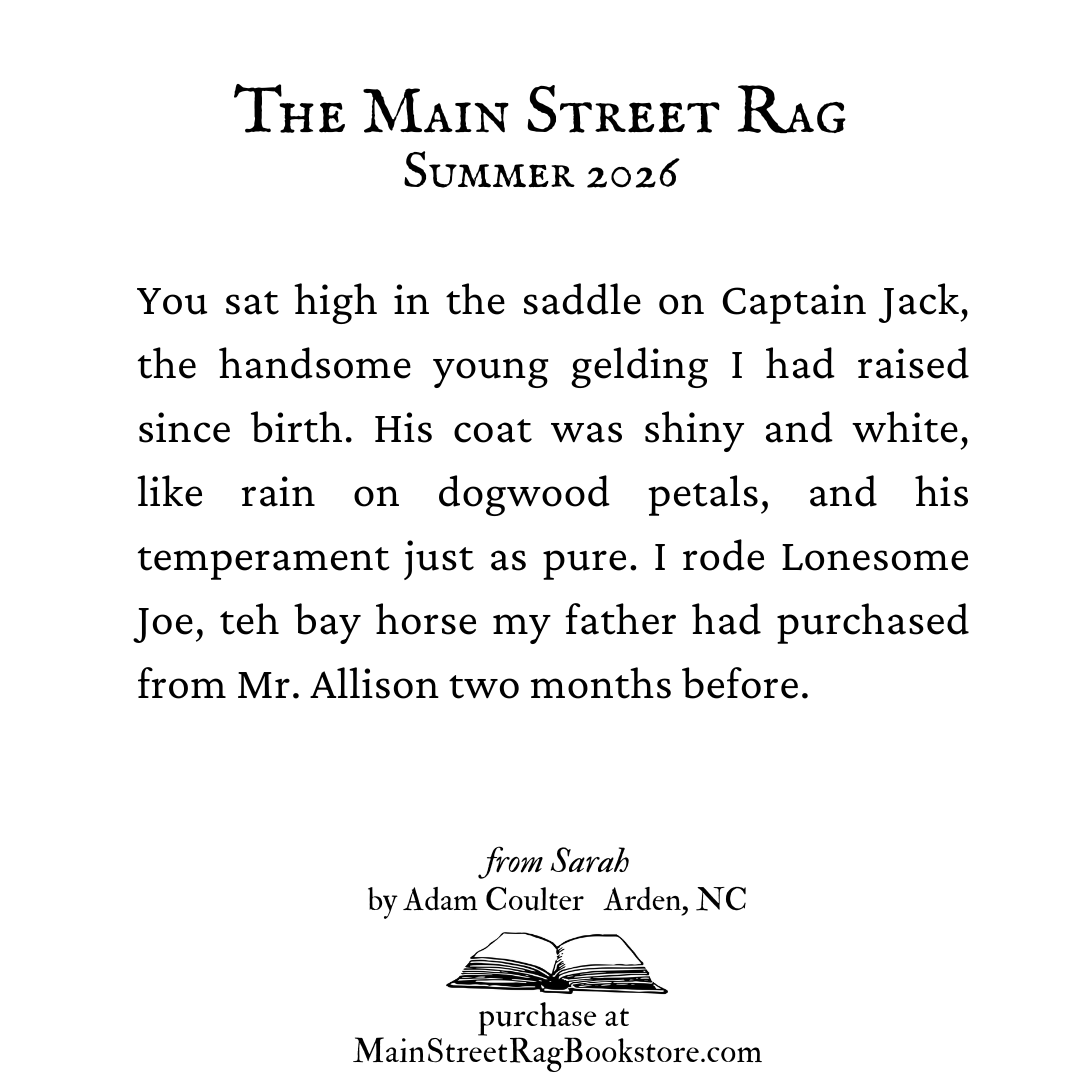 MainStreetRag's tweet photo. The Main Street Rag | Summer 2026 |
excerpt from "Sarah" by Adam Coulter
Full poem in the issue: https://t.co/mEqfuEq46d https://t.co/EMhIR4VbZi