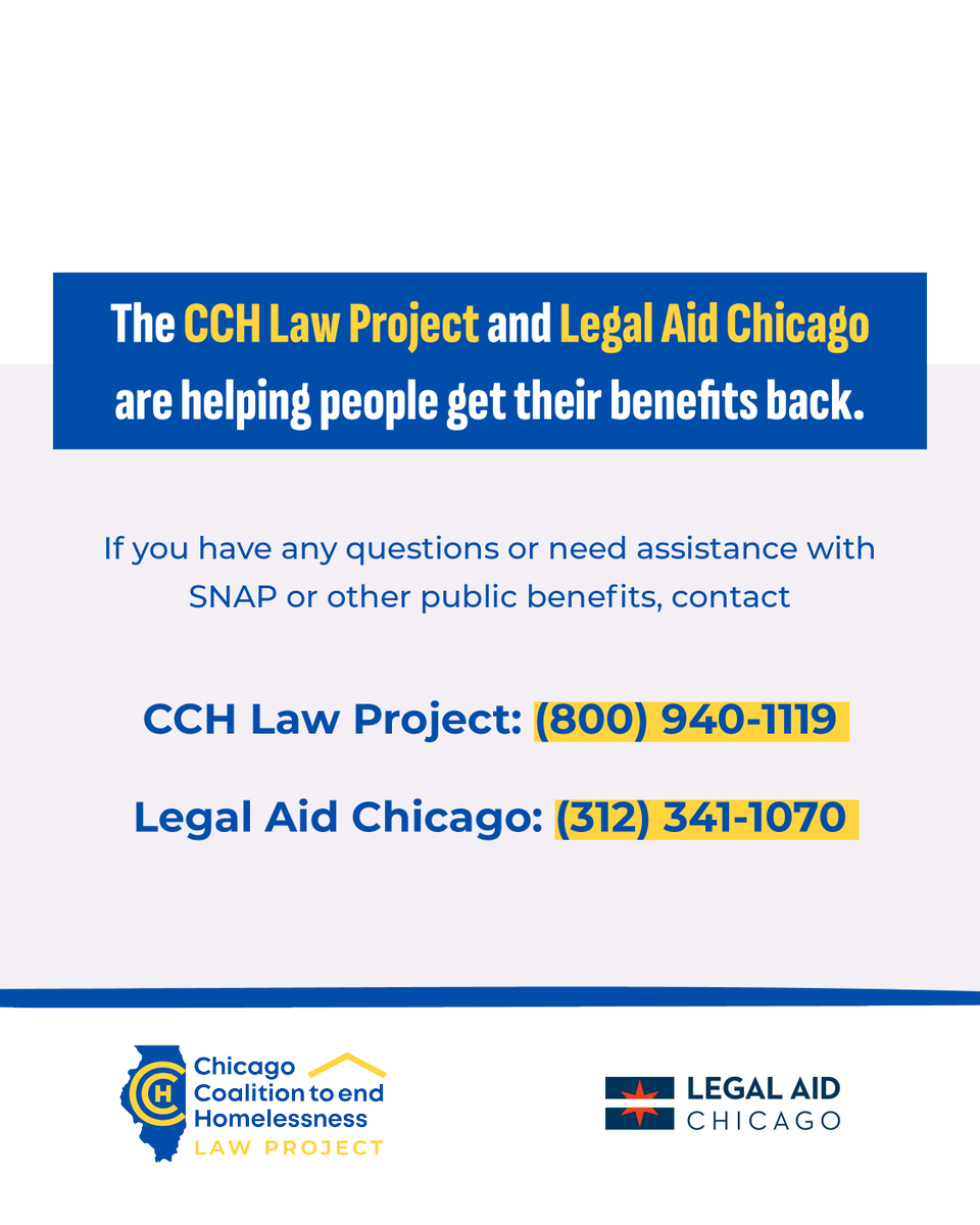 ChiHomeless's tweet photo. If you have any questions or need assistance with SNAP or other public benefits, contact the CCH Law Project at (800) 940-1119 or Legal Aid Chicago at (312) 341-1070. Learn more: https://t.co/D8WnGxNJ5T https://t.co/1Pyl71EEU0