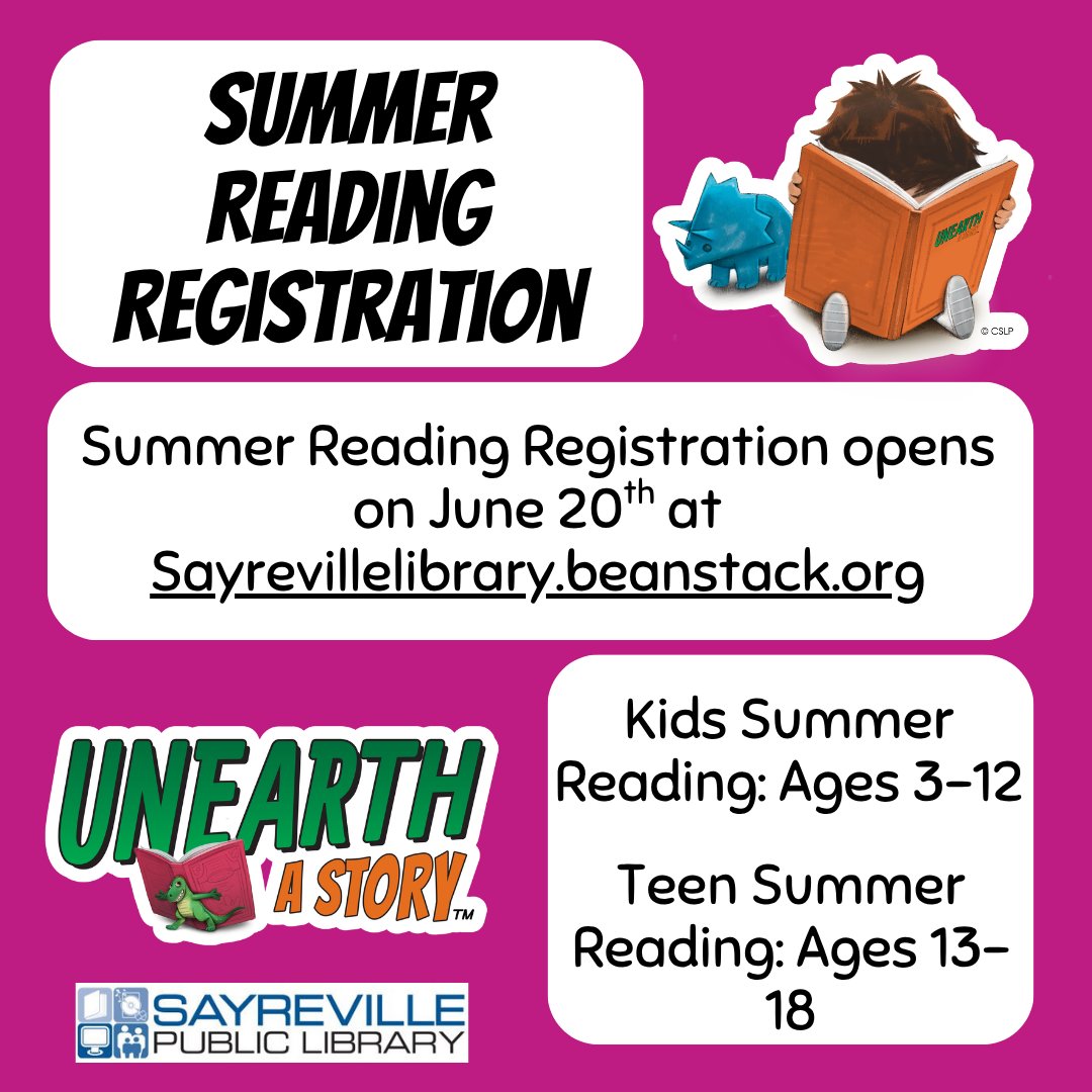 sfplibrary's tweet photo. Something is coming this summer...🌋
Dinosaurs are coming to the Sayreville Public Library with this year's Summer Reading Theme: Unearth a Story! We will reading, earning prizes, &amp; hosting activities based on dinosaurs, gemstones, and digging. Dig up some good books this summer! https://t.co/kiOQ5lLbPJ