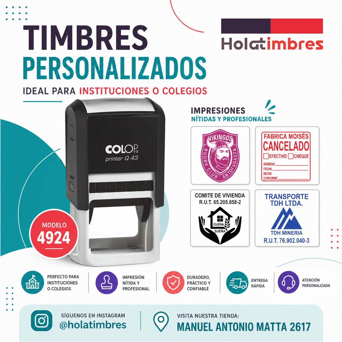holatimbres's tweet photo. El timbre 4924 hace mucho más rápido y cómodo el trabajo diario. Su tamaño de 4x4 cm permite incorporar más información sin perder claridad. Fabricamos directamente en nuestro taller, por eso puedes tenerlo listo al día siguiente o incluso dentro del mismo día.

IG: @holatimbres https://t.co/ubEYzMBZcE