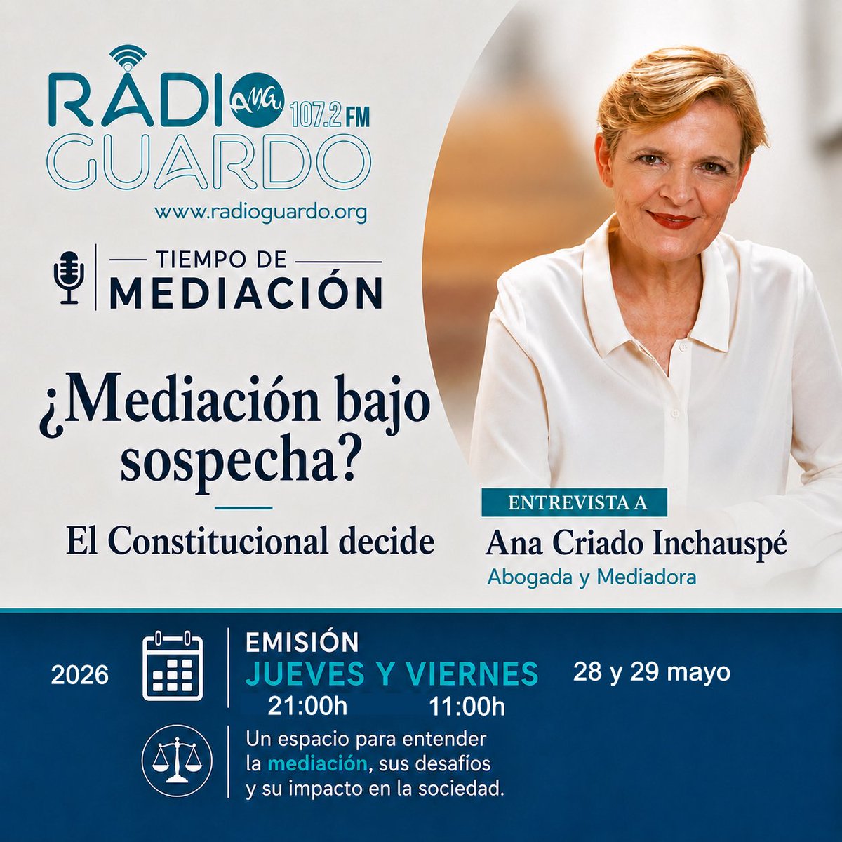 AlenMediaGroup's tweet photo. TIEMPO de MEDIACIÓN - @GuardoRadio 107.2 FM 📻
«¿Mediación bajo sospecha? El Constitucional decide»
Jueves   28.05.26  -  21:00 PM⏰
Viernes  29.05.26  -  11:00 AM ⏰
Online  👉 https://t.co/O3yiI1nk6V 🎧 https://t.co/mRHrdVp72I