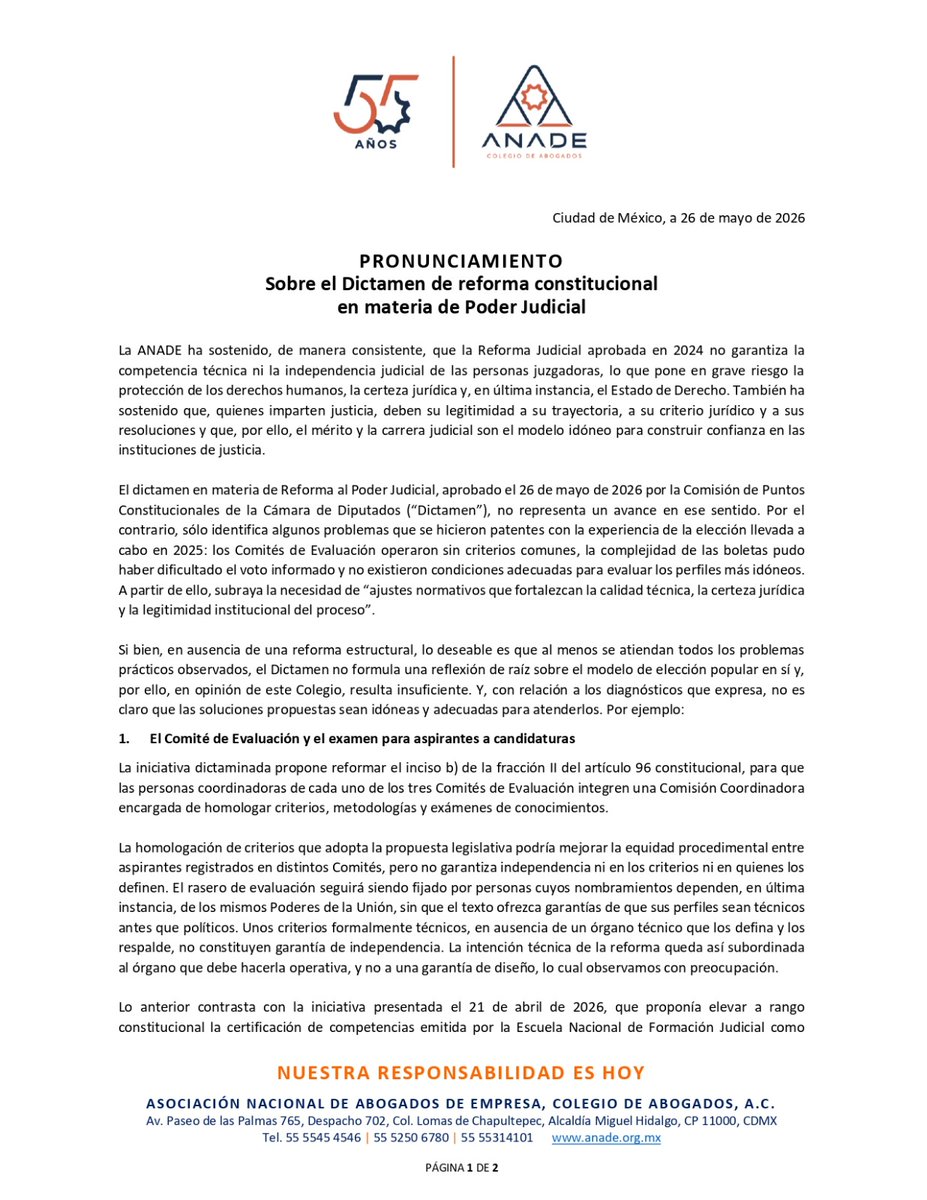 ANADEcolegio's tweet photo. PRONUNCIAMIENTO ANADE
Sobre el Dictamen de reforma constitucional en materia de Poder Judicial

#NuestraResponsabilidadEsHoy https://t.co/rGDkrIRtKh