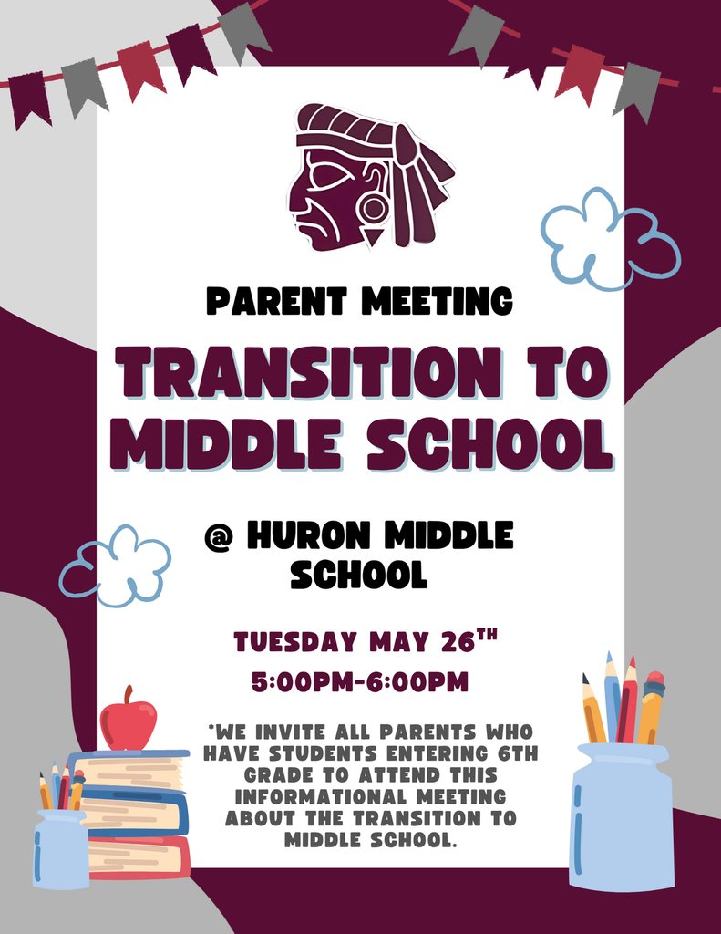 CHUSDEdServices's tweet photo. 📣 TONIGHT!!! 🚨 Huron parents of incoming 6th graders: Join us for an informational meeting on the transition to middle school! Learn what to expect, ask questions, and get helpful information. We look forward to seeing you there! 🏫✨ #FutureMiddleSchoolers #ParentMeeting https://t.co/7MPuKlcZiq