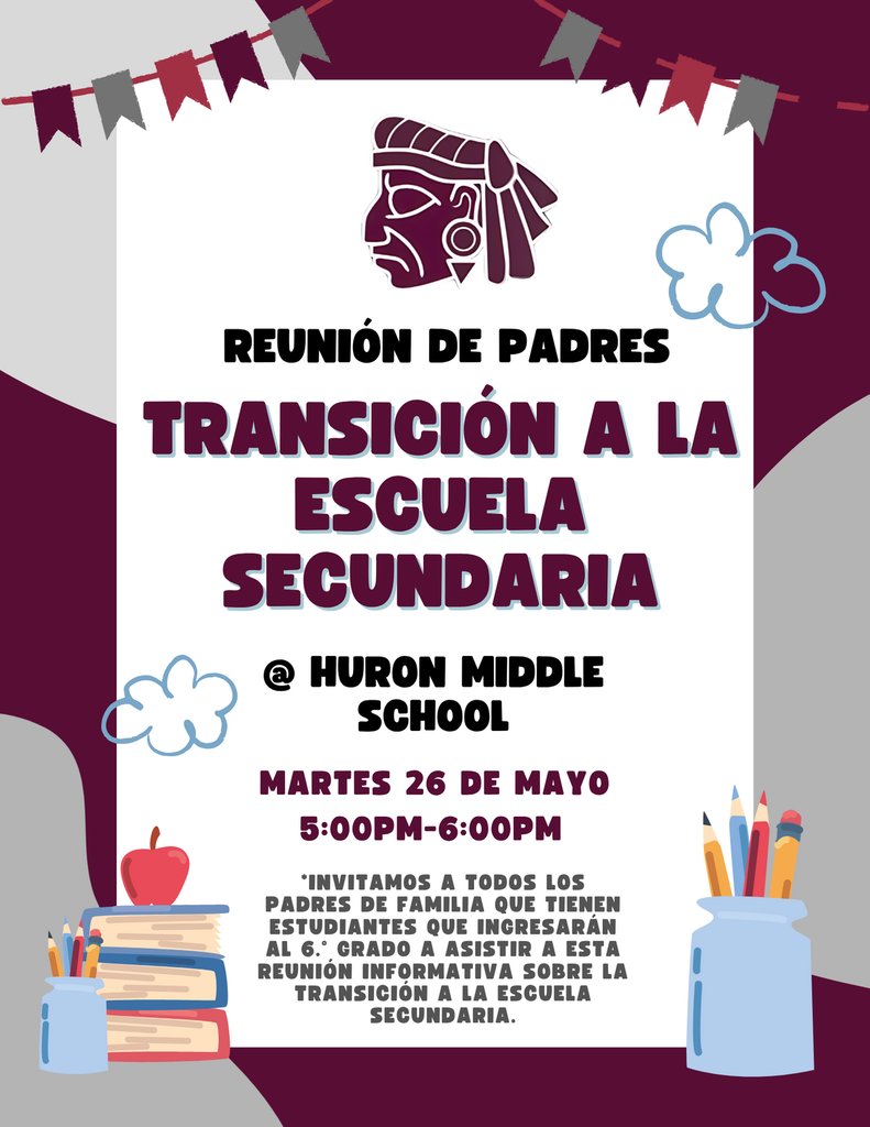 CHUSDEdServices's tweet photo. 📣 TONIGHT!!! 🚨 Huron parents of incoming 6th graders: Join us for an informational meeting on the transition to middle school! Learn what to expect, ask questions, and get helpful information. We look forward to seeing you there! 🏫✨ #FutureMiddleSchoolers #ParentMeeting https://t.co/7MPuKlcZiq