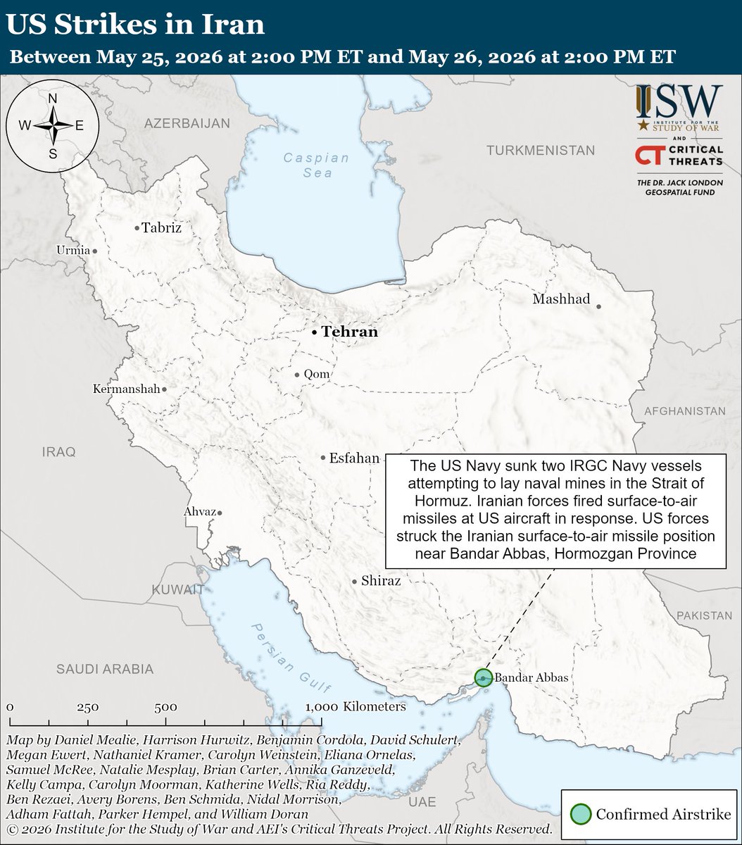 criticalthreats's tweet photo. NEW | Iran and the United States have not bridged key differences on all the major demands in the US-Iran talks. 

Iranian officials said that they are unwilling to discuss their nuclear program on May 25, and Iranian regime media on May 25 insisted that the United States observe Iran’s right to enrich uranium on Iranian territory.

Granting Iran economic relief by unfreezing funds or removing sanctions would likely decrease Iranian military reconstitution timelines. 

Iran reportedly demanded that the US immediately release the first half of frozen Iranian assets upon signing the agreement and the second half of the assets within 60 days, according to Islamic Revolutionary Guards Corps (IRGC) media on May 26.

Iran is also refusing to reopen the Strait of Hormuz and using force to ensure the recognized traffic separation scheme remains closed.

Iranian Supreme Leader Mojtaba Khamenei released a statement on May 26 reaffirming the regime’s commitment to the principles of the Islamic Revolution and his father’s grand strategy – namely, a commitment to the destruction of Israel, the expulsion of US forces from the region, and the formation of a “new Islamic civilization” united against the United States.