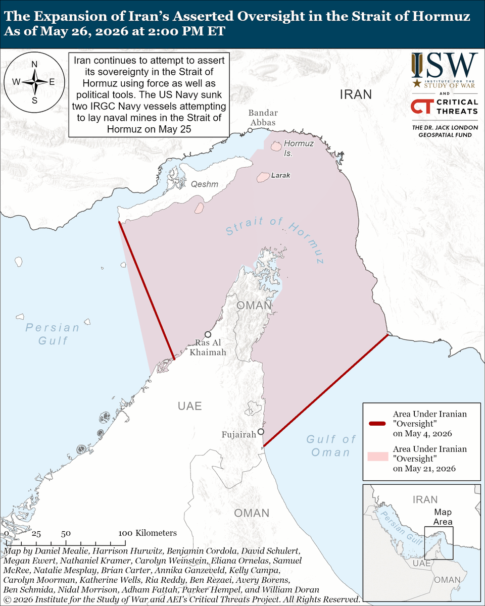 criticalthreats's tweet photo. NEW | Iran and the United States have not bridged key differences on all the major demands in the US-Iran talks. 

Iranian officials said that they are unwilling to discuss their nuclear program on May 25, and Iranian regime media on May 25 insisted that the United States observe Iran’s right to enrich uranium on Iranian territory.

Granting Iran economic relief by unfreezing funds or removing sanctions would likely decrease Iranian military reconstitution timelines. 

Iran reportedly demanded that the US immediately release the first half of frozen Iranian assets upon signing the agreement and the second half of the assets within 60 days, according to Islamic Revolutionary Guards Corps (IRGC) media on May 26.

Iran is also refusing to reopen the Strait of Hormuz and using force to ensure the recognized traffic separation scheme remains closed.

Iranian Supreme Leader Mojtaba Khamenei released a statement on May 26 reaffirming the regime’s commitment to the principles of the Islamic Revolution and his father’s grand strategy – namely, a commitment to the destruction of Israel, the expulsion of US forces from the region, and the formation of a “new Islamic civilization” united against the United States.