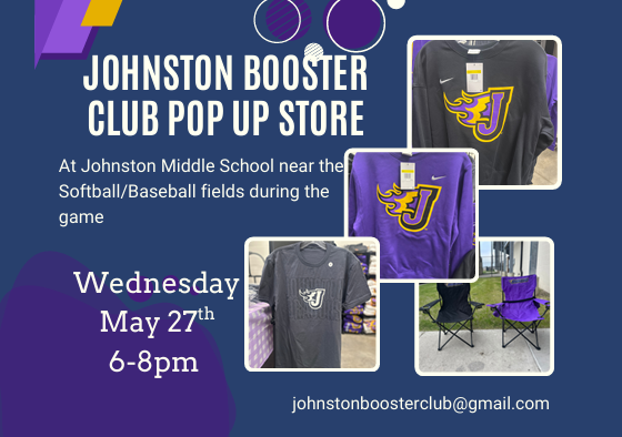 JCSDBoosterClub's tweet photo. The Johnston Booster Club will be selling Johnston apparel, hats, coolers, and bag chairs at the softball and baseball games tomorrow night, May 27th, from 6-8pm.  LOTS of kids sweatshirts and tshirts. https://t.co/6uReJI83h5