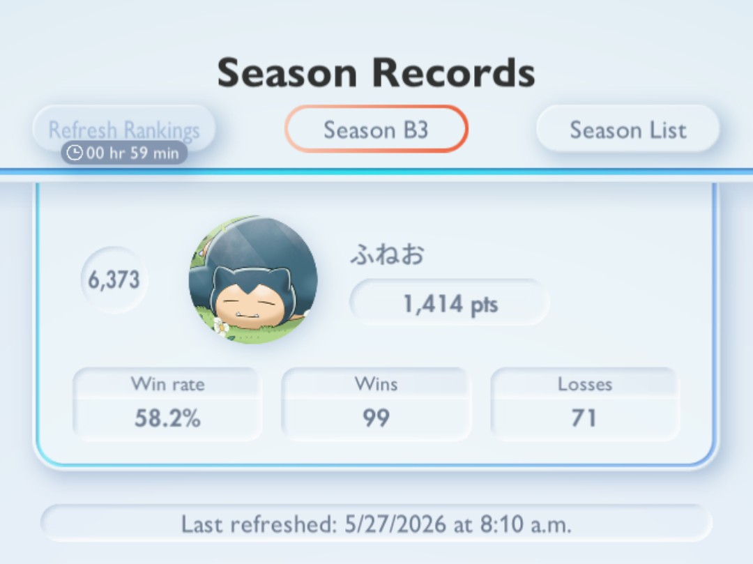 FuNEO0613's tweet photo. I finished this season's ranked matches at 170 matches and 1,414 pts. 📊
I used Mega Charizard for the last 20 matches, but it didn't go very well.
I couldn't even reach 100 wins. 😇
#PokémonTCGPocket
#RankedMatch
#ポケポケ #ランクマ https://t.co/1fwsl7n5cp