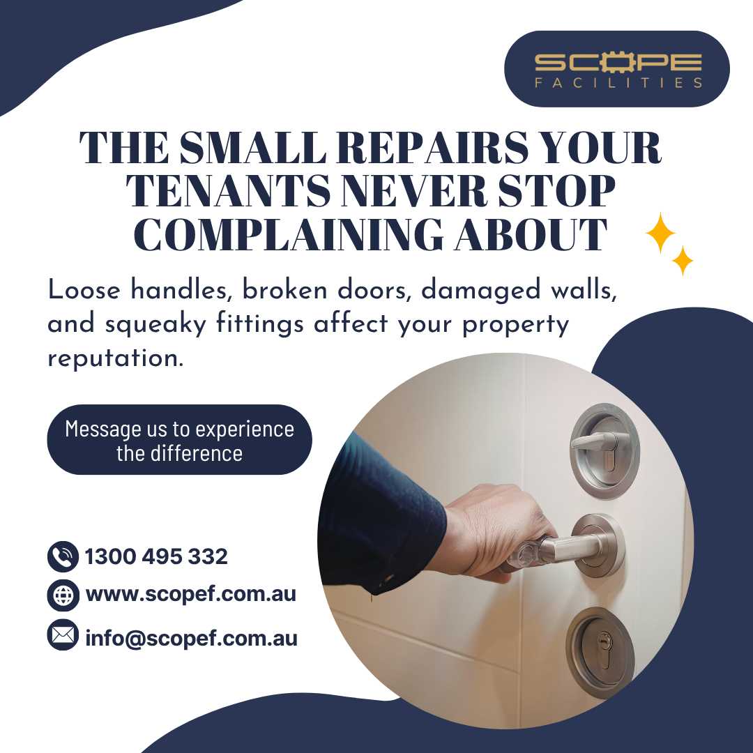 au_scope's tweet photo. Small maintenance problems create constant frustration for tenants, staff, and visitors. 

📞 1300 495 332 
💻 https://t.co/D4C9WfC1YS 
📧 info@scopef.com.au 

#HandymanServices #PropertyMaintenance #BuildingMaintenance #FacilityManagement #CommercialProperty #AustralianBusiness https://t.co/TIXgzzVuOv