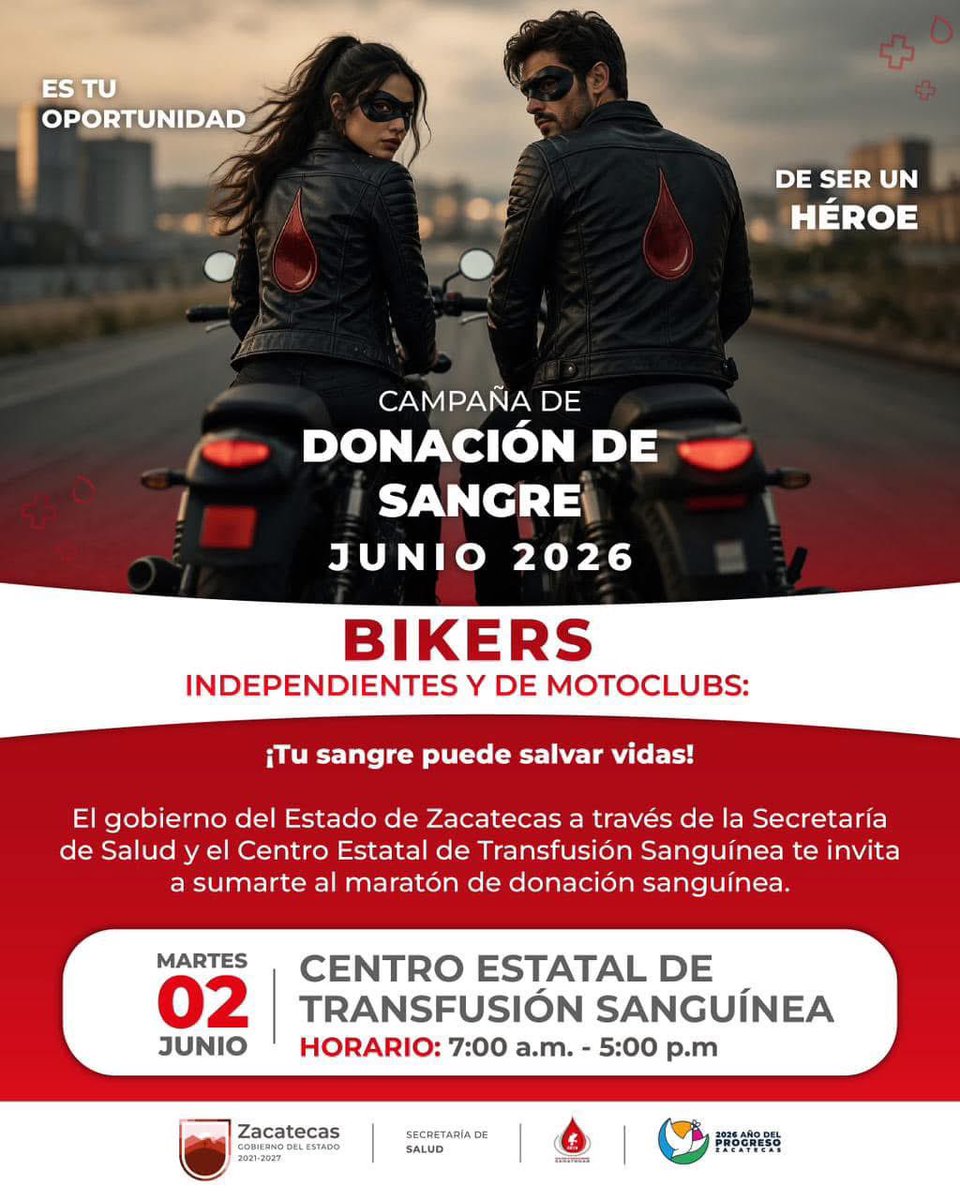 SSZ_Zac's tweet photo. 🏍️🩸 ¡Es tu oportunidad de ser un héroe!

Si formas parte de la comunidad biker, independiente o de motoclubs, súmate a la Campaña de Donación de Sangre y ayuda a salvar vidas.

📍 Centro Estatal de Transfusión Sanguínea
📅 Martes 2 de junio
🕖 7:00 a.m. a 5:00 p.m.

#SaludZac https://t.co/8Gpc8xCyjN