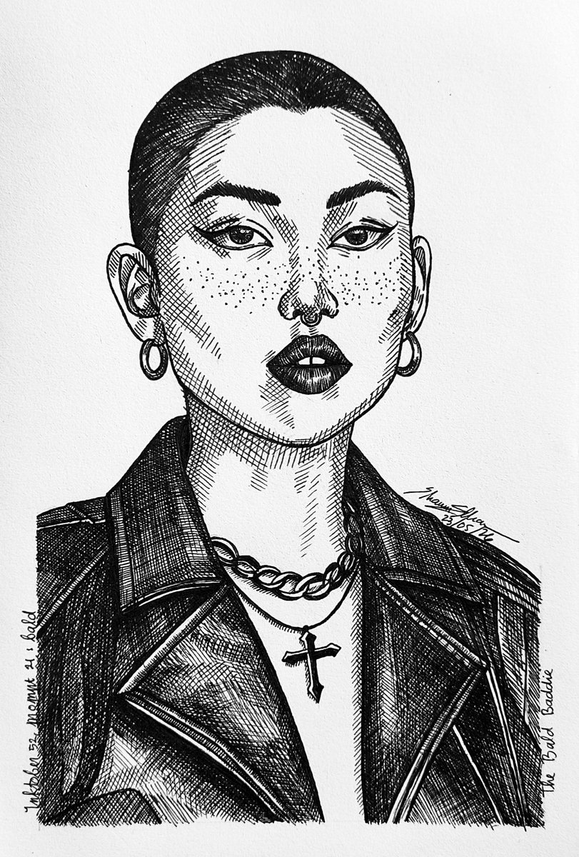 shawnellian's tweet photo. The Bald Baddie

#inktober #inktober52 #inktober52bald #penandink #portrait #art #penartwork #penportrait https://t.co/GZtWGzgefe