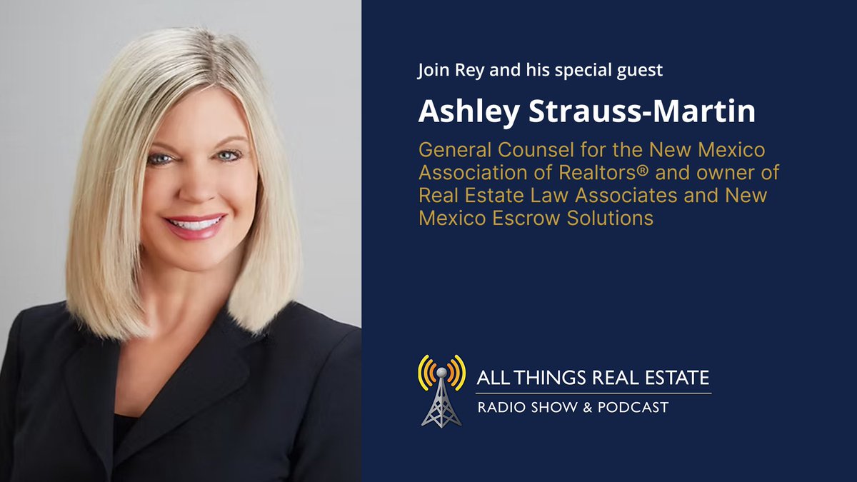 realtyradio's tweet photo. This Weekend join Rey and his special guest, Ashley Strauss-Martin, General Counsel for the New Mexico Association of Realtors® and owner of Real Estate Law Associates and New Mexico Escrow Solutions.
https://t.co/SNCFp2qql4

Sat, May 30,  12-1pm 
Sun, May 30, 12-1pm https://t.co/dAAhUDulHb