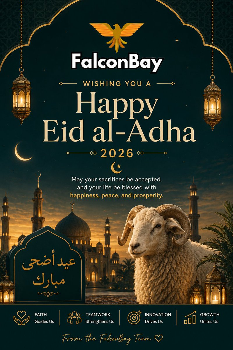 Sdamarketonline's tweet photo. 🌙✨ From the FalconBay Team — Happy Eid al-Adha 2026! 🕌🐑

May your sacrifices be accepted, and your life be blessed with happiness, peace, and prosperity. 🤍

Wishing you and your loved ones a joyful and meaningful Eid celebration.

#EidAlAdha2026 #FalconBay #EidMubarak #BlessedEid #HalalMarketplace #IslamicLifestyle #ShariahCompliant #MuslimCommunity #EidCelebration #FalconBayTeam