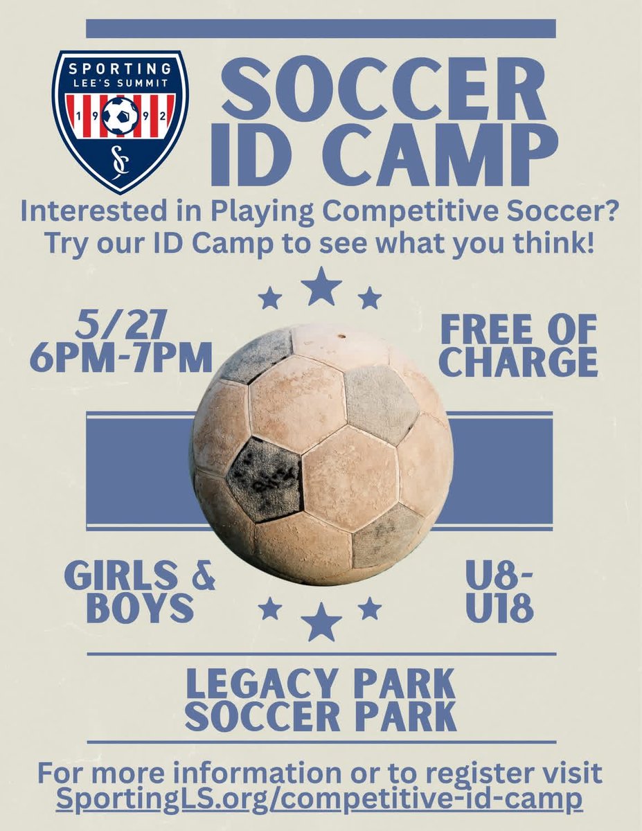 SportingLS's tweet photo. Are you currently a recreational player that has been thinking about going competitive? Come out to our ID Camp THIS Wednesday, 5/27 to learn some soccer skills &amp; visit with some of our competitive soccer coaches! To register, visit: https://t.co/dndZRSoscE https://t.co/2BR683eTkC