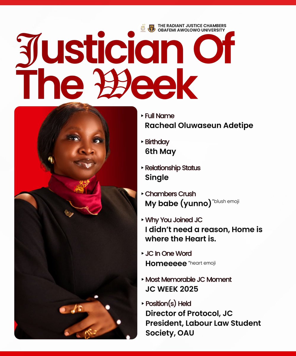 JusticeOau's tweet photo. Meet our Justician of the Week, Racheal Oluwaseun Adetipe⭐️

For her, JC is Home - she didn't need a reason to believe it, because some places just feel right from the first day.🤍 https://t.co/Vs4zOpQaDX
