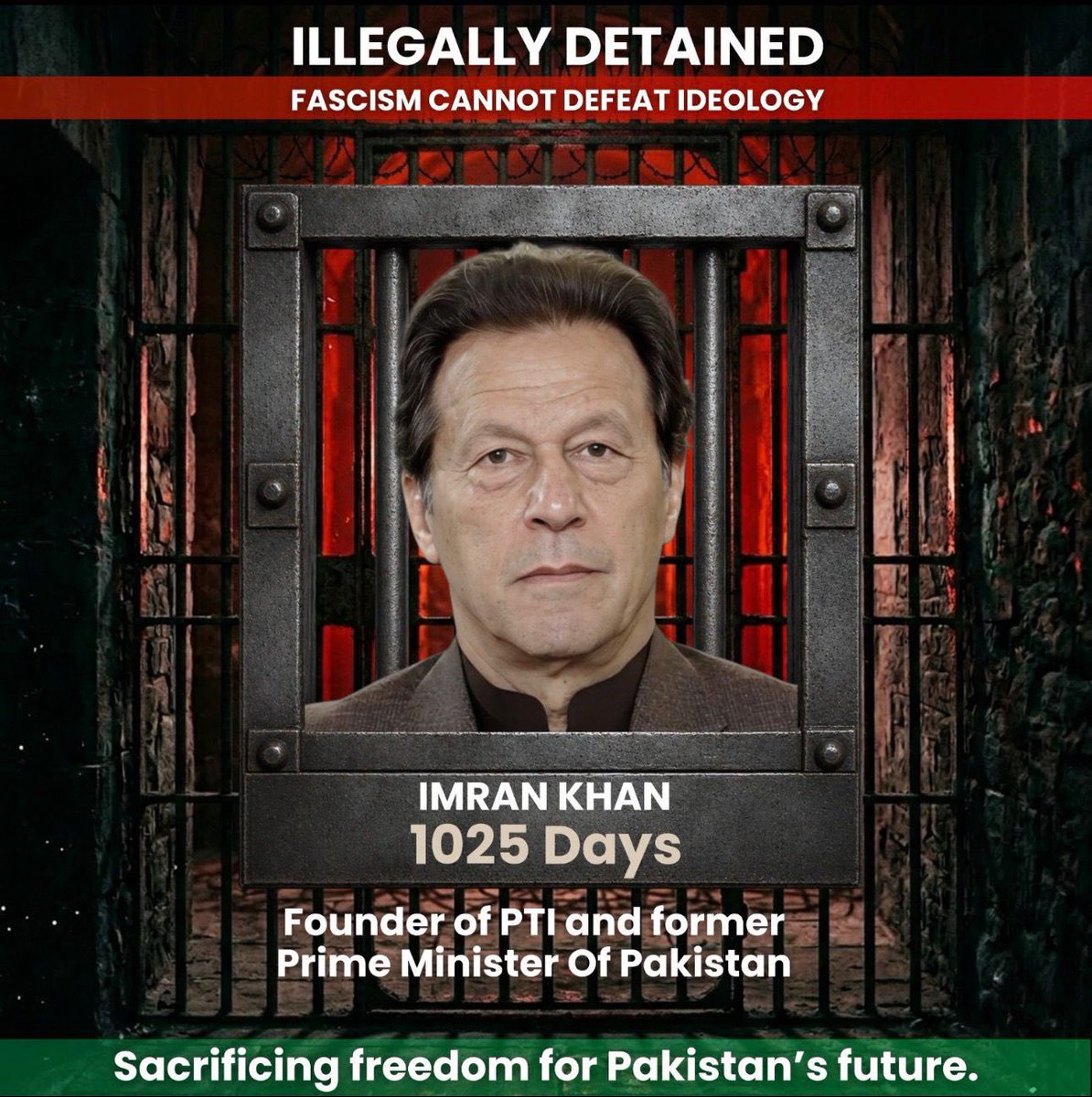 PTIOfficialCA's tweet photo. Imran Khan is being held in prolonged solitary confinement and faces over 200 politically motivated cases for maintaining independent political views and refusing to compromise on principle.
Despite repeated smear campaigns, his public support has only grown stronger, as people continue to see his stance for sovereignty and justice.
Serious concerns have also been raised about his health, with reports that he has lost vision in one eye during detention
Such oppression and injustice will not be forgotten.
We demand his release on this Eid ul Adha !
#عیدقرباں_عہدمزاحمت 

@GillFurnissMP
@PauletteHamilto
@AndyMcDonaldMP 
@Abtisam_Mohamed
@BellRibeiroAddy
@zarahsultanao
@switherdenMP 
@NadiaWhittomeMP
@joan_walmsley