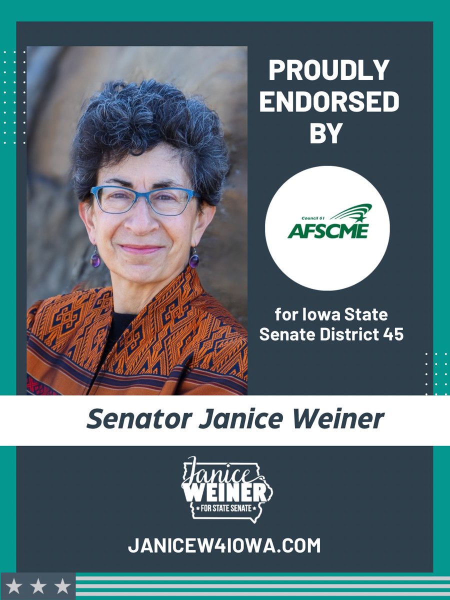janice4iowa's tweet photo. Proud to earn the endorsement of AFSCME Council 61 — the union fighting for Iowa's public employees every single day. When we flip the Iowa Senate, we flip the balance of power for workers. 🔵💪

1/2 https://t.co/kAa9VZEP1s