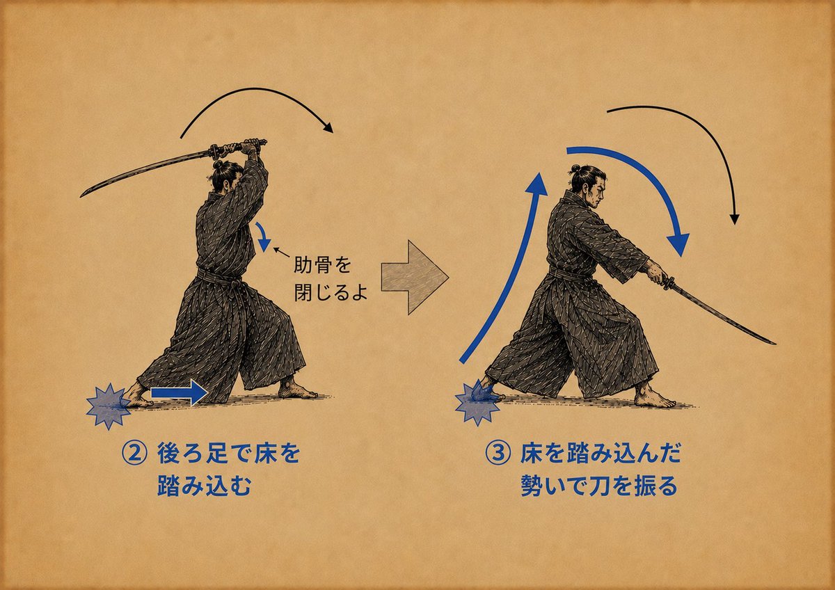 team_ssw's tweet photo. 【身体で振る】

“刀を手だけで振るな“とはよく言われる事です

ではどうすればいいのか？
そういう人は1.2.3のタ���ミングで振ってみてください

1 振りかぶりながら片足を前に出す
2 後足で床を踏込む
3 床を踏込んだ勢いで刀を振る

これで身体が繋がります

#殺陣 #殺陣道場
#Teamssw殺陣道場 https://t.co/3BckYuB46Q