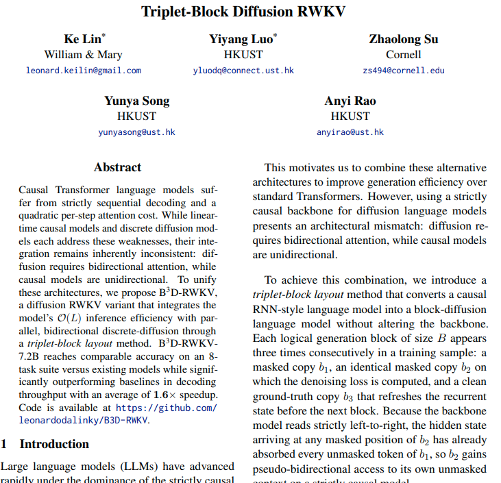 BlinkDL_AI's tweet photo. Triplet-Block Diffusion RWKV: https://t.co/zq1J1opRzk https://t.co/L7x81yftaS