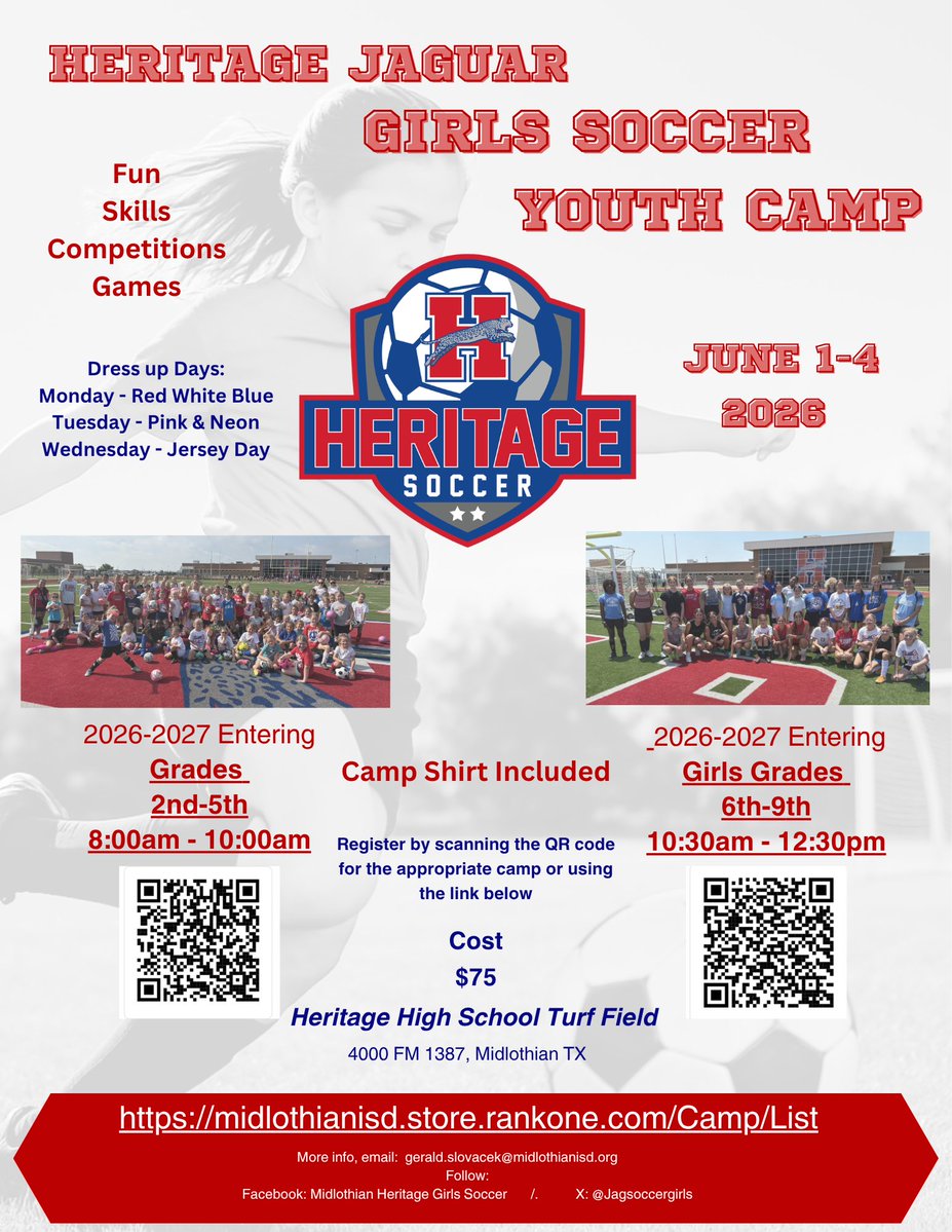 Jagsoccergirls's tweet photo. Jaguar Girls Soccer Camp begins next week, come join for fun, skills, &amp; games! ❤️⚽️💙
@MidloHeritage @MISD_Athletics 
https://t.co/A6y0XivyAJ https://t.co/9mOmu4php1
