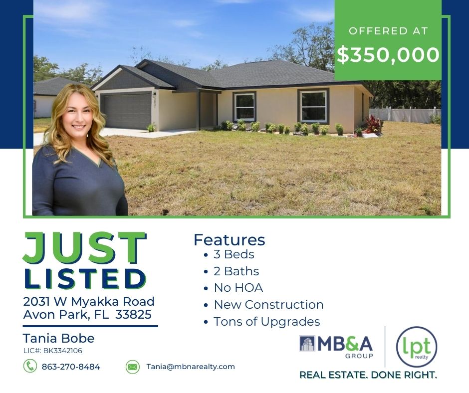 MbnaRealty's tweet photo. 🏡✨ JUST LISTED in Avon Park, FL ✨🏡

Listed by Tania Bobe, Broker Associate/Team Owner of MB&A Group powered by LPT Realty

🔥 Stunning New Construction | Move-In Ready | Modern Luxury Living 🔥

Why wait to build when this gorgeous new construction home is ready NOW? This beautifully crafted residence offers the perfect blend of modern design, open-concept living, and upscale finishes — all in a growing Avon Park location close to shopping, dining, golf, schools, medical facilities, and everything Highlands County has to offer.

✨ Property Features Buyers Love:
🛏 3 Spacious Bedrooms
🛁 2 Full Bathrooms
🚗 2-Car Garage
🏡 Bright Open-Concept Floor Plan
🍽 Designer Kitchen with Large Island
✨ Quartz Countertops & Shaker Cabinetry
🖤 Stainless Steel Appliances & Modern Fixtures
🛁 Luxury Primary Suite with Dual Vanities & Tiled Walk-In Shower
☀️ Covered Lanai for Outdoor Living
🧺 Inside Laundry Room
💡 Energy-Efficient Construction & Systems

The spacious great room flows seamlessly into a stunning chef-inspired kitchen designed for entertaining and everyday comfort. With modern finishes throughout, sleek black accents, and a split-bedroom layout offering added privacy, this home checks all the boxes for today’s buyers.

📍 Avon Park, FL
🏡 New Construction
🔑 Move-In Ready
✨ Modern Finishes Throughout

This is the kind of home buyers are searching for — and it won’t last long!

📲 Schedule your private showing today with Tania Bobe
📞 863-270-8484
📧 tania@mbnarealty.com
🌐 https://t.co/h7cn6KlotN

#JustListed #NewConstruction #AvonParkFL #FloridaHomesForSale #MoveInReady #DreamHome #OpenConcept #QuartzCountertops #ModernFarmhouse #MBNAGroup #LPTRealty #RealEstateDoneRight #SebringRealEstate #FloridaRealEstate #TeamForLife
