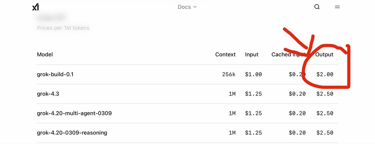laraqui's tweet photo. How is no one talking about how cheap the grok build output tokens are? That’s like 8x cheaper than Opus and GPT! If it’s anywhere near the frontier that’s a big deal @xai https://t.co/Q0ZYhL3Ido
