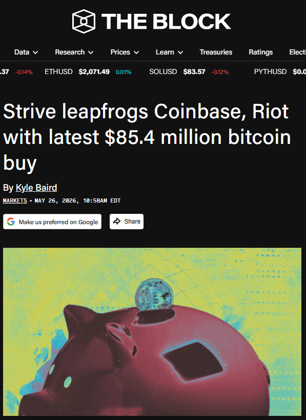 CryptoBizzle's tweet photo. Strive became the seventh-largest bitcoin treasury company after a fat 1,109 BTC buy. 

It was coming sooner or later.

Coinbase has added less than 2,000 BTC to its balance sheet this year, while Riot has sold off ~4,300 BTC to help fund its AI/HPC data center pivot.

There's still a massive 7,800 BTC gap to reach #6 Bullish.