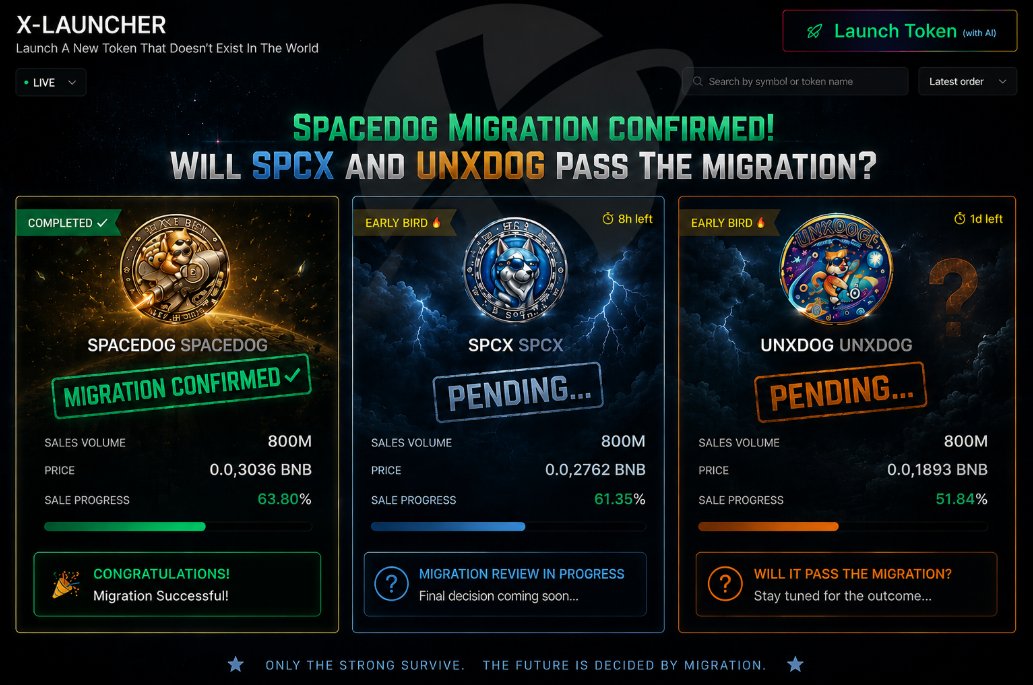 CryptoX_UNX's tweet photo. 🚀 SPACEDOG migration confirmed.

Now all eyes are on SPCX &amp; UNXDOG. 👀

Will they pass the migration review and secure their place on X-LAUNCHER?

The countdown has already begun. ⚡

$UNX #UNX #DeFi #BNBChain #UnchainX #SPACEDOG #SPCX #UNXDOG #MemeCoin #Crypto #XLauncher #Web3 https://t.co/5n63OVmhEL