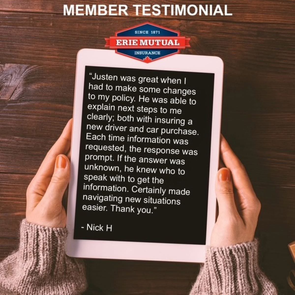ErieMutual's tweet photo. TUESDAY TESTIMONIAL

Prompt service, with answers to all of your insurance questions ... that's what we're all about! 

Want an easy insurance experience, without the stress and hassle? Give us a call!

#insurance #TestimonialTuesday https://t.co/6zp0K7YVjS