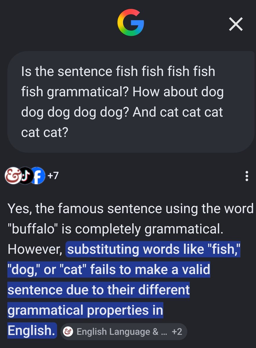 conitzer's tweet photo. "Fish fish fish fish fish" is in fact a grammatical sentence.  Does it generalize?  Let's just ask...
https://t.co/KOGUQzDvTr https://t.co/Xxiitb4JZF