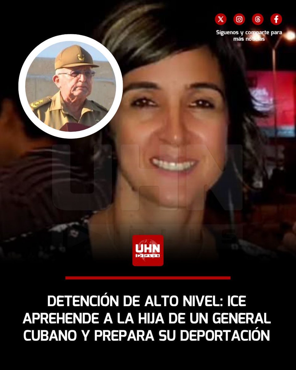 UHN_Plus's tweet photo. 🇺🇸🇨🇺‼️ | ÚLTIMA HORA

Las autoridades de ICE detuvieron a Alina Rosales, hija del general cubano Ulises Rosales del Toro, quien fue uno de los pilares fundamentales del régimen castrista durante décadas. Tras intentar establecerse en el "imperio", la heredera de la élite comunista ahora enfrenta una deportación inminente hacia la realidad que su propia familia ayudó a construir en la isla.