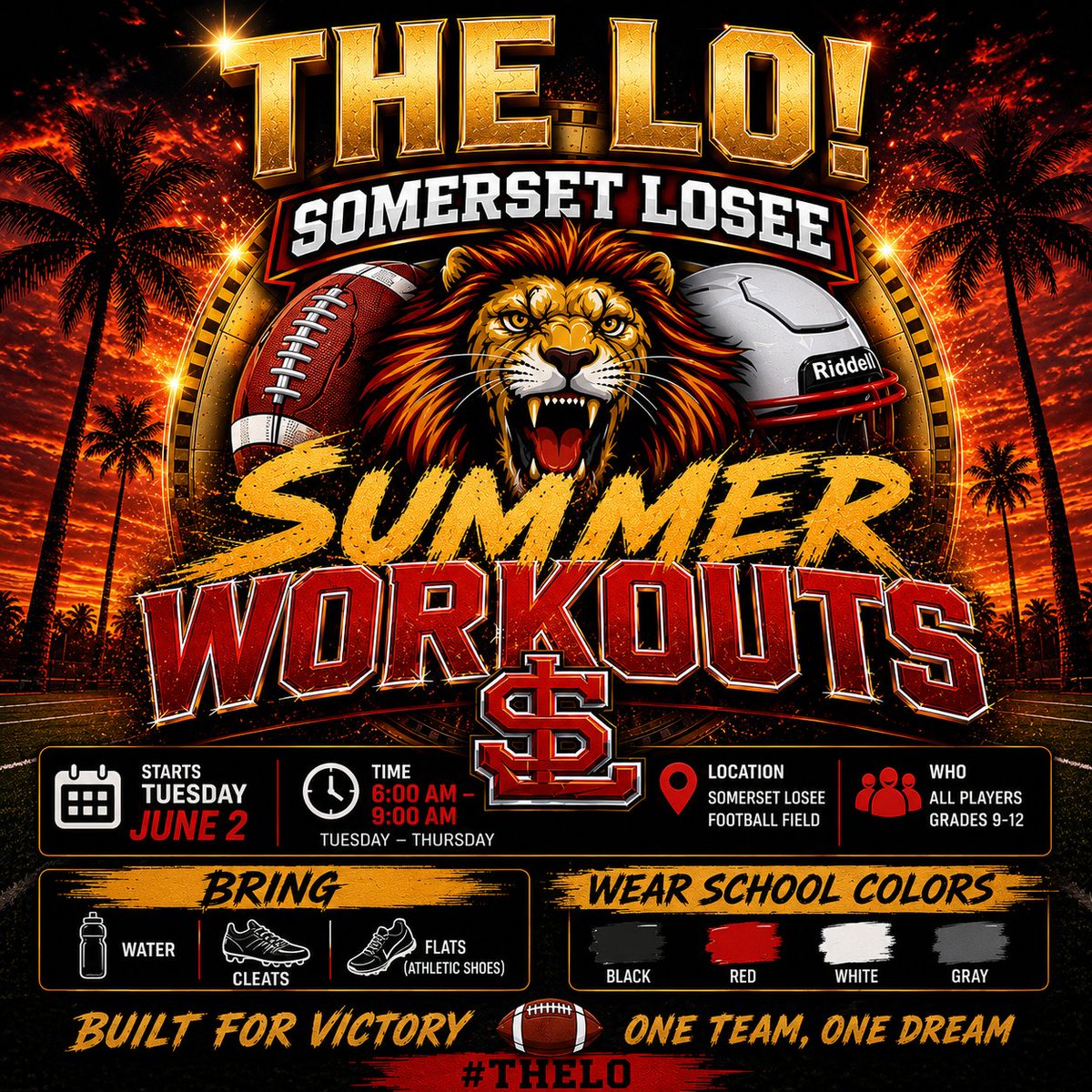 TheLoFootball's tweet photo. THE LO!
@coachSpikeRossi
@TheLoFootball
Summer grind starts now. 😤☀️
No excuses. No shortcuts. Just work.

📍 Somerset Losee Football Field
🗓 Tuesday–Thursday
⏰ 6AM–9AM

Bring your water, cleats, flats, and energy. Let’s build something special this summer. 🦁🏈 https://t.co/oiK7Ys84Um