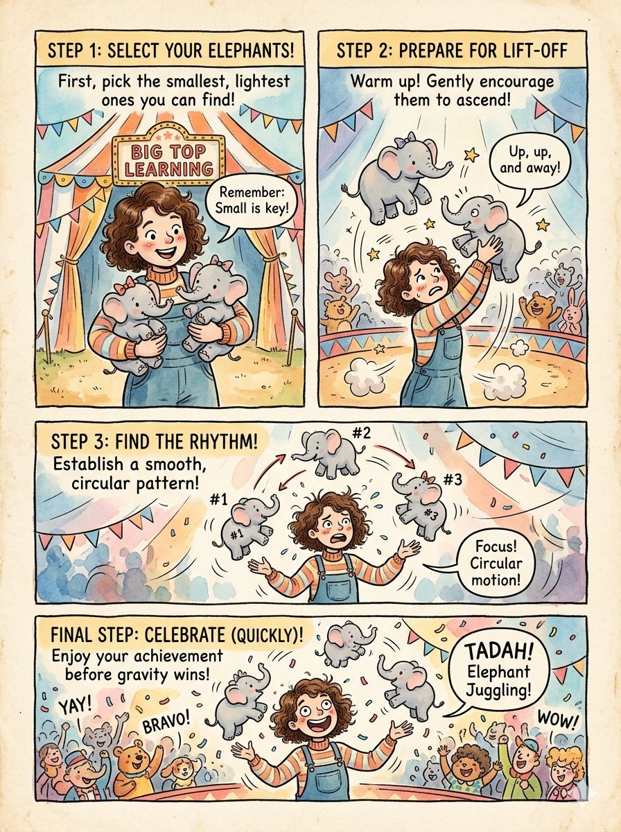 KeithHixAI's tweet photo. Create a whimsical 3:4 illustration with 4 panels with a person explaining how to juggle elephants https://t.co/yTGqCF2TU6