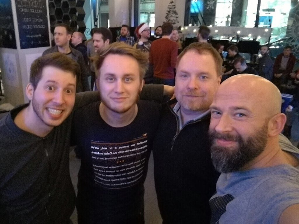 Epyonzilla's tweet photo. Just found an old folder with pics from a community event in London, as we were celebrating the Dawning in December 2019. I was happy to be surrounded by such legends as @MauriceZerjav, our boss @DJDague and Reddit maestro @Fuzzle_HC. https://t.co/2tbmALb6fy