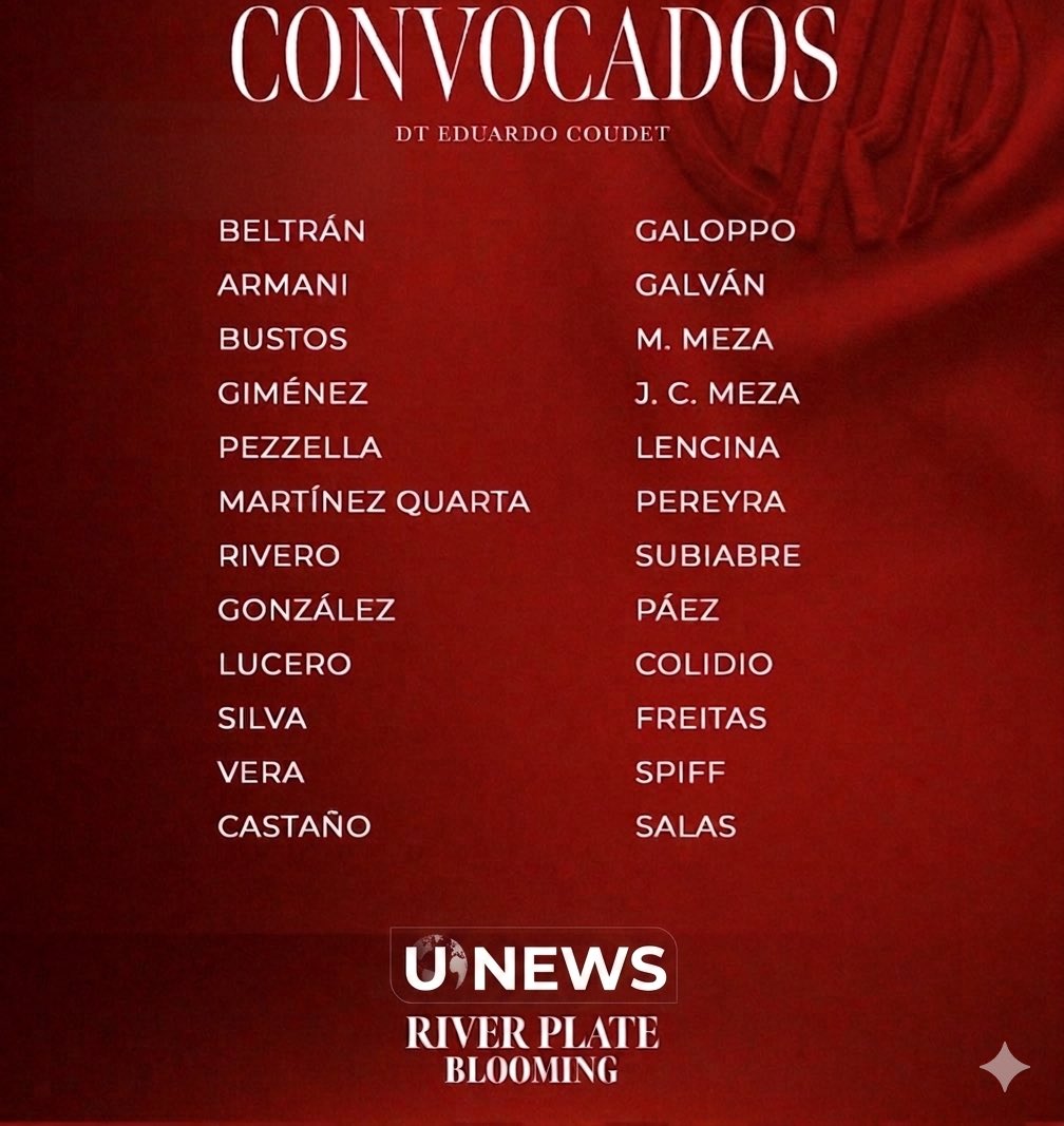 otty_10's tweet photo. OFICIAL: Los convocados por Eduardo Coudet para el duelo de @RiverPlate ante @Blooming por la Copa Sudamericana. ⚽️📋

¿Qué te parece la lista? ¿Quién debería ser titular? 👇

 #RiverPlate #Blooming #Sudamericana #UNews #Futbol https://t.co/5NYyotgA99