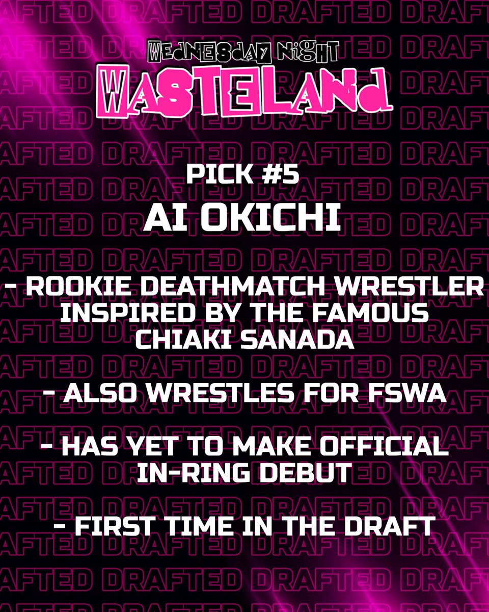 ZionWrestleRP's tweet photo. 𝐖𝐀𝐒𝐓𝐄𝐋𝐀𝐍𝐃 𝐑𝐎𝐔𝐍𝐃 𝐅𝐈𝐕𝐄
=====
For Round Five of the 2026 Draft, Wednesday Night Wasteland selects...

@MURDERHORNETAI https://t.co/B2pKgfmEp6