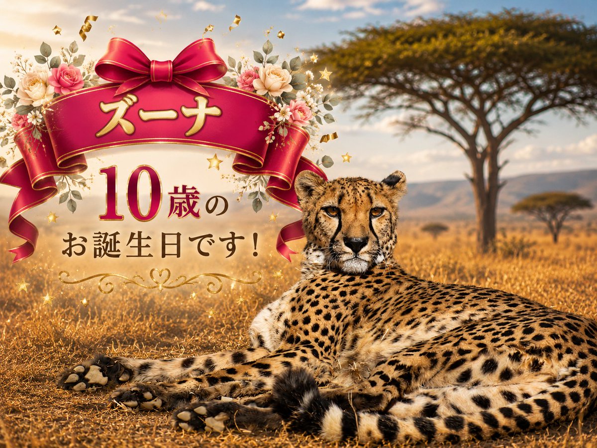 gunmasafari's tweet photo. おはようございます。
5月27日（水）本日は休園日です
また明日会いましょう

今日5月27日
チーター「ズーナ」の
10歳の誕生日です🎉
これからもズーナらしさを
大切にしながら
成長を見守っていきます🐾
ぜひ皆さまからの
お祝いコメントを
お寄せください✨

#群馬サファリパーク
#チーター
#誕生日 https://t.co/PRG3ADzJYY