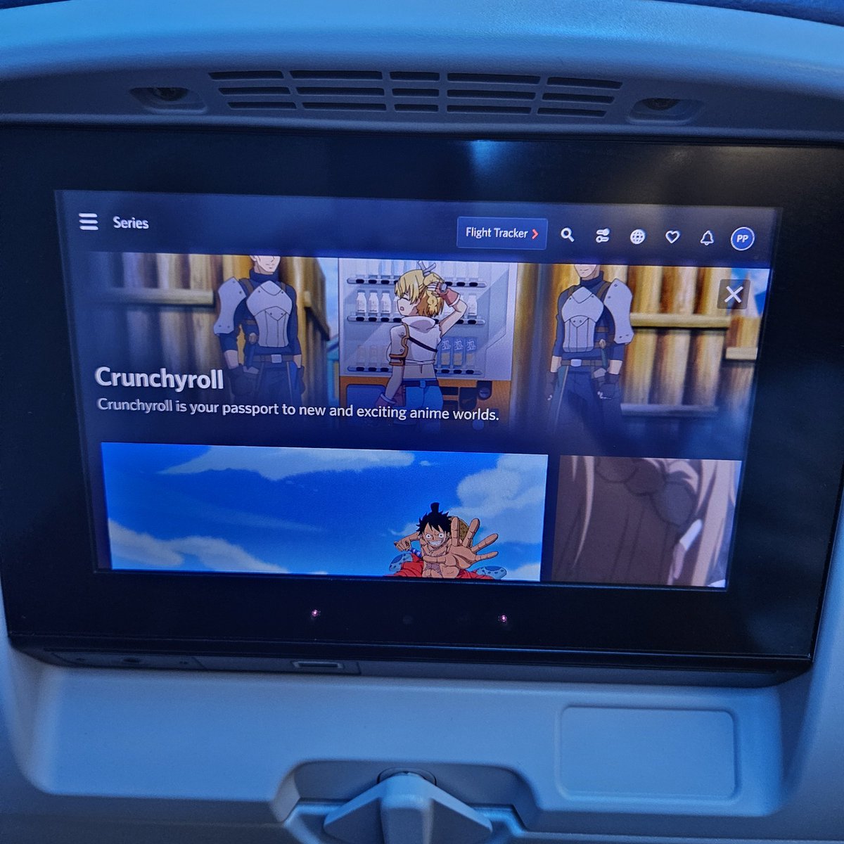 TeaAndAbsinthe's tweet photo. Tea and Absinthe is on the way to FanExpo Denver!

Apparently our flight has CrunchyRoll on tap. 
So much for catching up on sleep!

Edit:
Plane is still on runway. 
I am watching Sword Art Online.
Is this a simulation? https://t.co/Rykkq5GBQ3