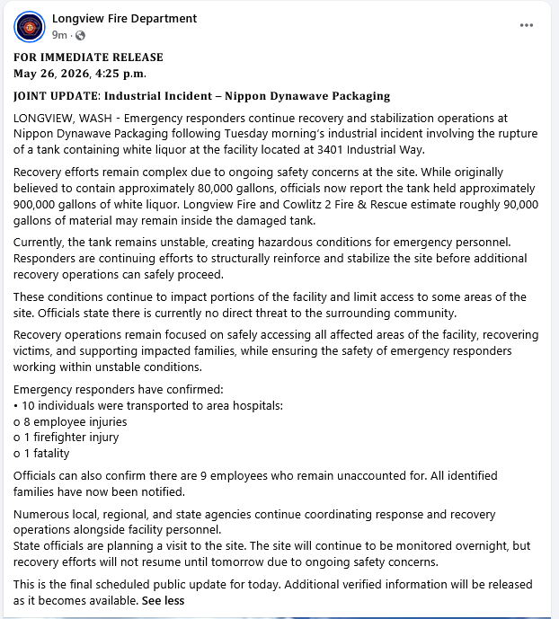 lookner's tweet photo. 1 dead, 9 employees missing, and multiple injured in tank rupture accident at Nippon Dynawave Packaging in Longview, Washington https://t.co/GqQ2C4sWnq