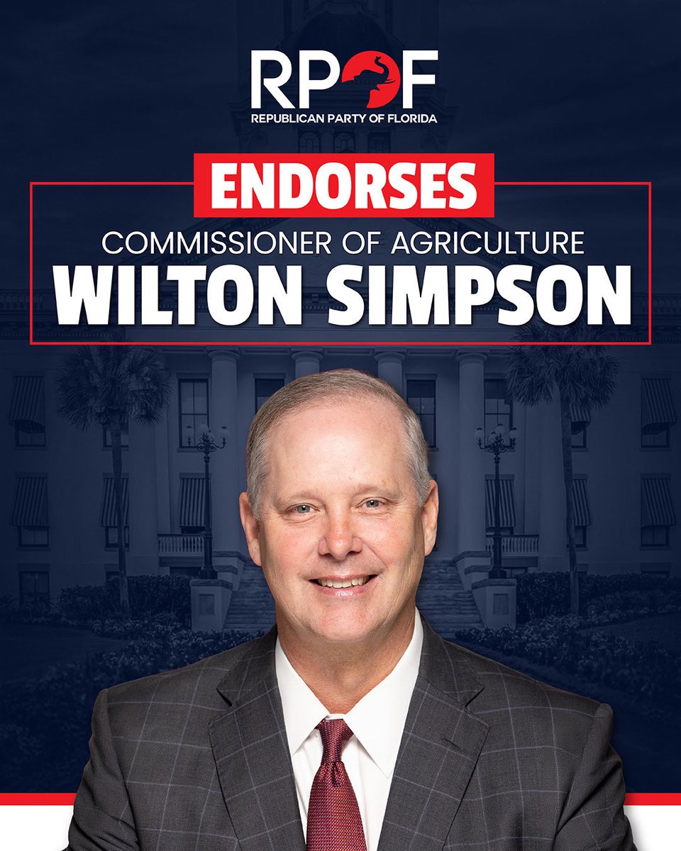 FloridaGOP's tweet photo. We are excited to announce that tonight we endorsed @WiltonSimpson for re-election as Commissioner of Agriculture. We know our farmers and ranchers are in good hands with the Commissioner! https://t.co/aw2Gaj1gpL