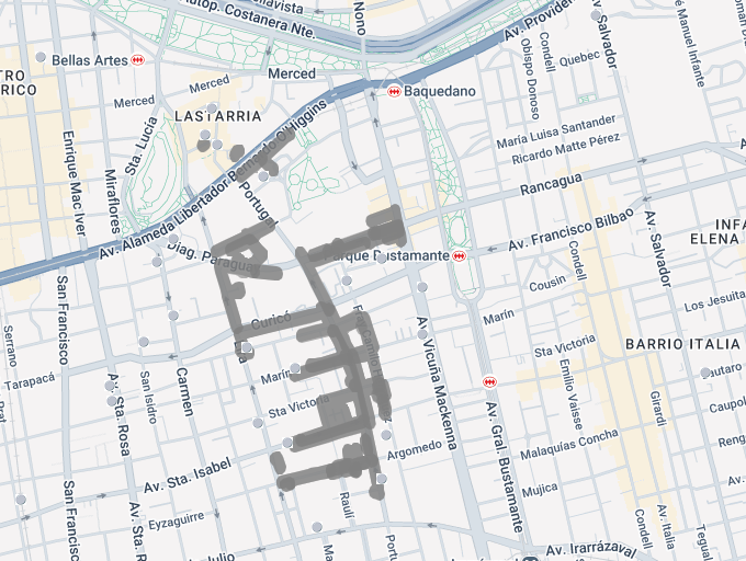 Enel_Informa_CL's tweet photo. [19:41] #CorteDeEnergía que afecta sector desde Padre Luis de Valdivia hasta Diez de Julio en Santiago, como se muestra en el mapa, abarca un 3% de clientes de la comuna. Para generar un reporte por la falta de suministro eléctrico escríbenos al WhatsApp +56994447606. https://t.co/IQq7NYYv0i