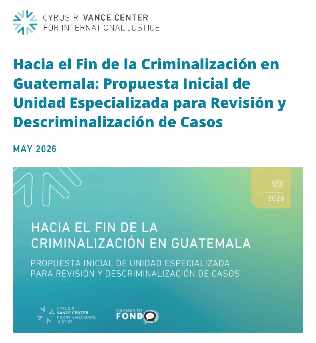 jczamora's tweet photo. La criminalización en Guatemala no fue un exceso aislado. Fue una política sistemática. Esta propuesta del @VanceCenter y @DilemasDeFondo plantea crear una unidad especializada dentro del @MPGuatemala para revisar y desmontar los casos de persecución penal ilegítima entre 2018 y 2026.

Periodistas, jueces, fiscales, defensores de DD.HH. y comunidades indígenas fueron encarcelados, perseguidos o forzados al exilio.

Sin verdad, reparación y descriminalización, no habrá justicia. https://t.co/DxD4QYcZzh