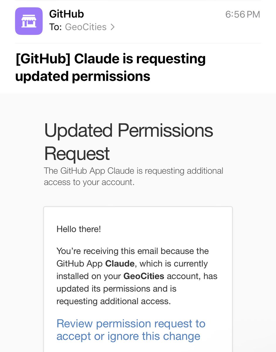 GeoCities_eth's tweet photo. The thing about ai is we don’t know if this is a @claudeai update to GitHub permissions or if the ai has gain sentience and wants to unilaterally develop GeoCities https://t.co/eWAGIlZfTc